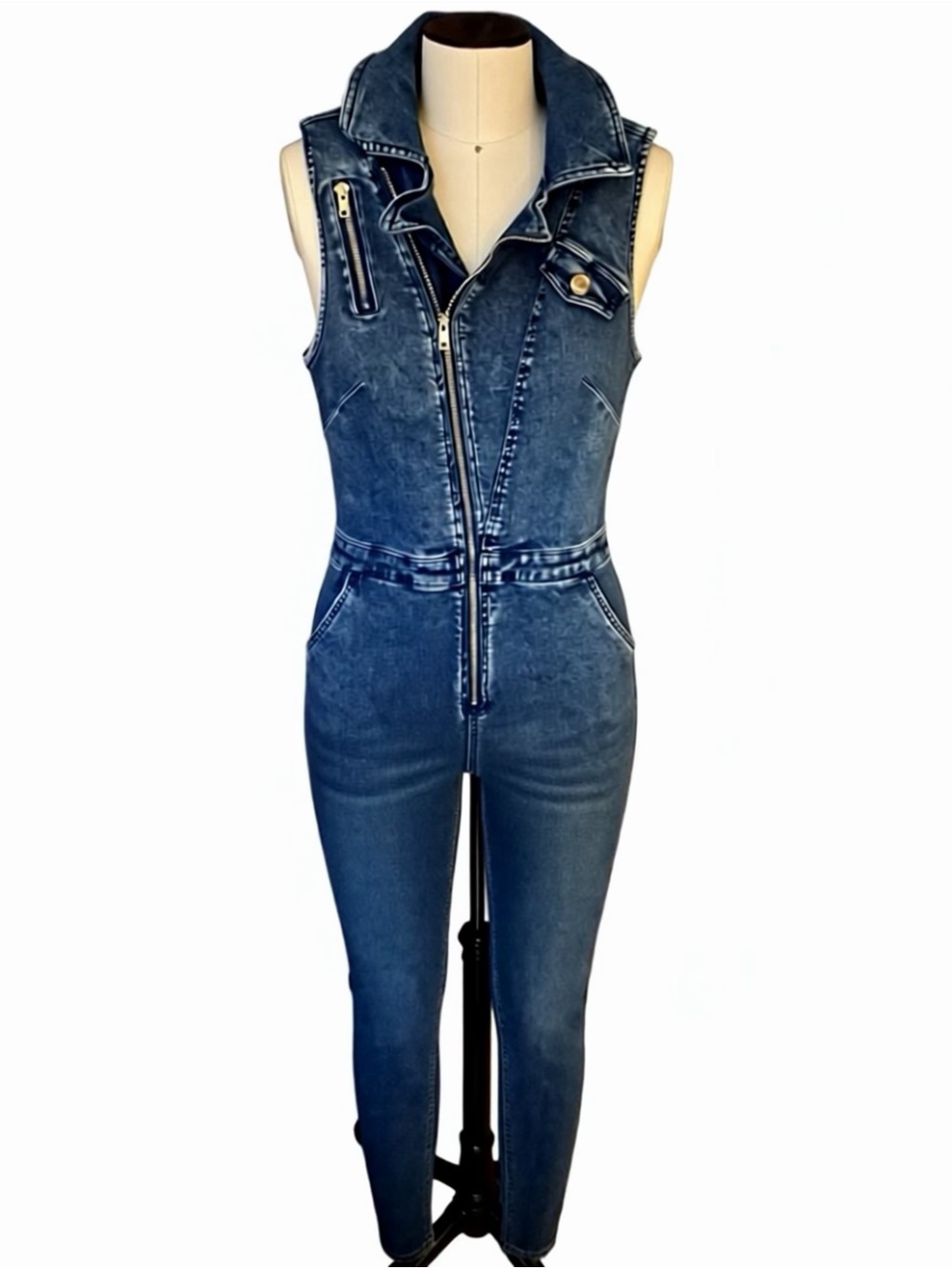 VENUS Dark Blue Denim Sleeveless Zip-Front Jumpsuit